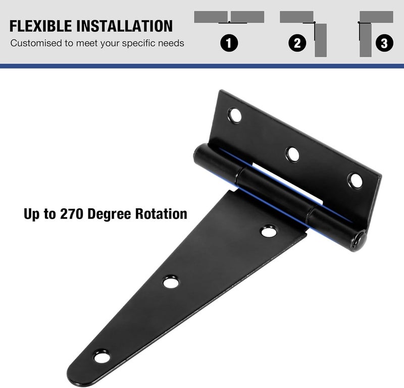 TDCHINGES 6 Inch Gate Door Hinges T-Strap Shed Hinge Heavy Duty 4 Pack Barn Farm Fence Tee Hinges for Doors Outdoor Kitchen Wood Cabinet Interior Exterior Window Bar Shop Matte Blake Door Hinge Hardware Kit - Image 4